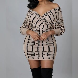 Elegant Long Sleeve Tan Dress with Geometric Pattern